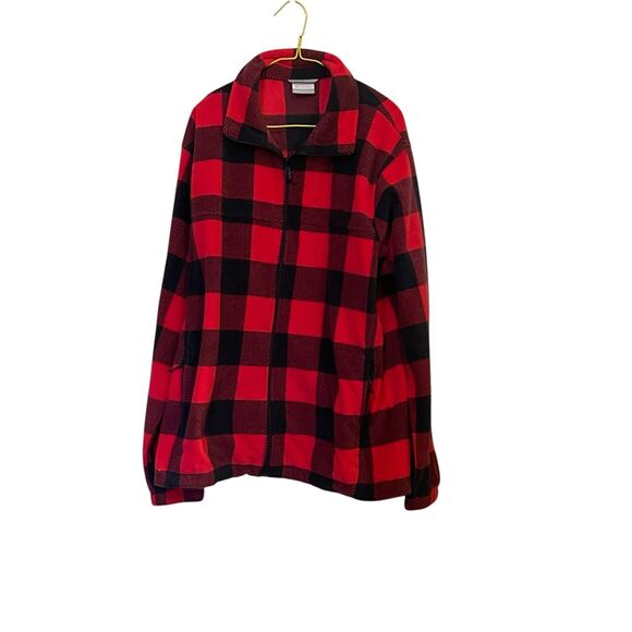 Columbia Mens Red Black Buffalo Plaid Lumberjack Fleece Full Zip Jacket Large - Picture 1 of 11